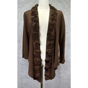 Eci Womens Brown Open Front Cardigan 3D Floral Rosette Trim Boho Chic Medium